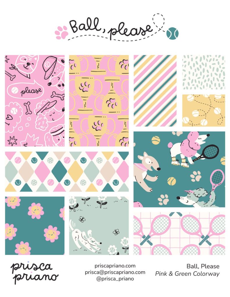 dog-themed pattern collection featuring funny dogs playing tennis in pink and green palette