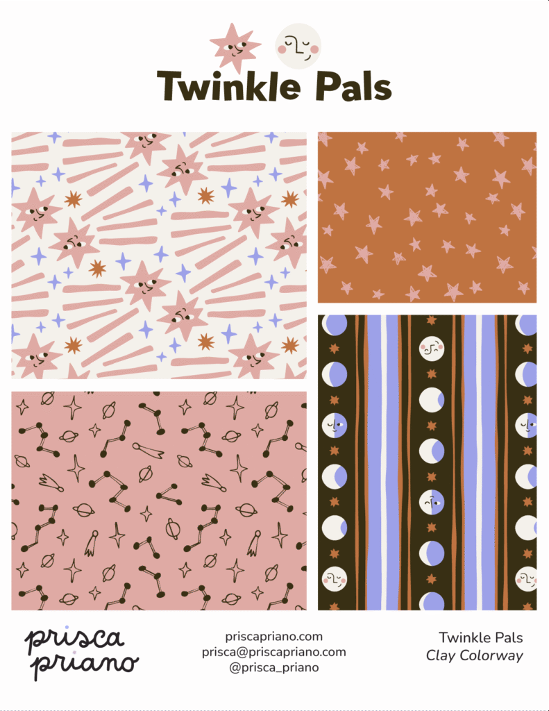 celestial patterns featuring quirky space motifs like shooting stars, moon phases and constellation, ideal for fun kids products, in a warm brown, lilac and pink palette