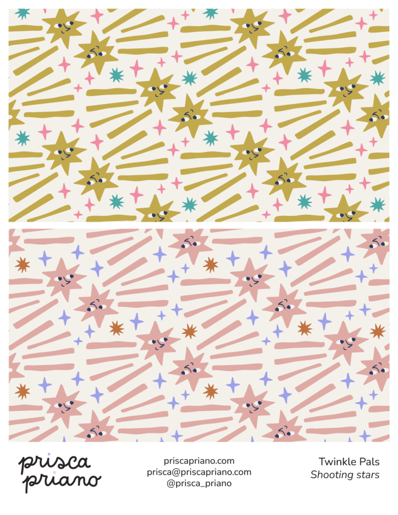 playful celestial patterns featuring smiling shooting stars with a hand-drawn feel