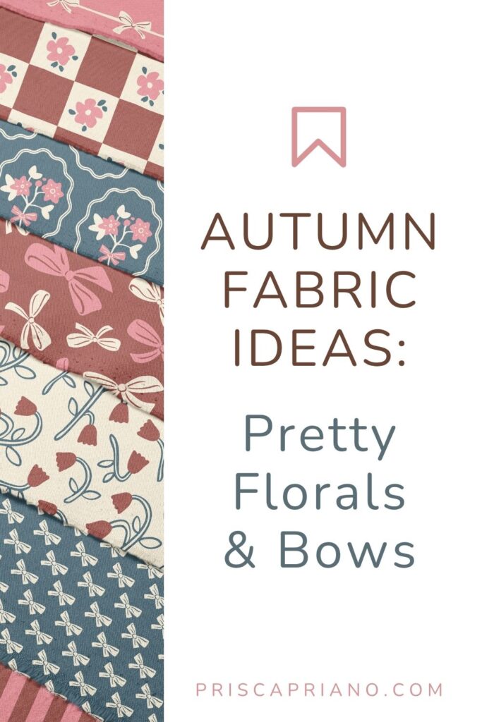 autumn fabric ideas featuring retro-inspired patterns in brown. green and pink, filled with hand-drawn florals and cute bows