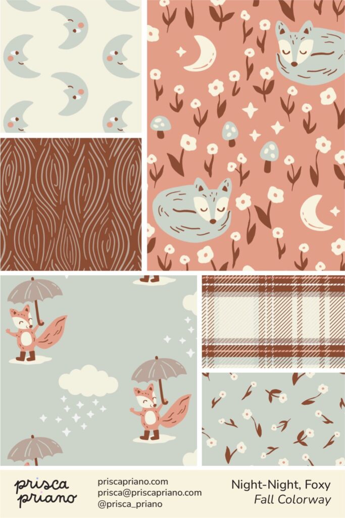 woodland patterns with autumn vibes featuring sleepy foxes in a warm orange and dusty blue palette