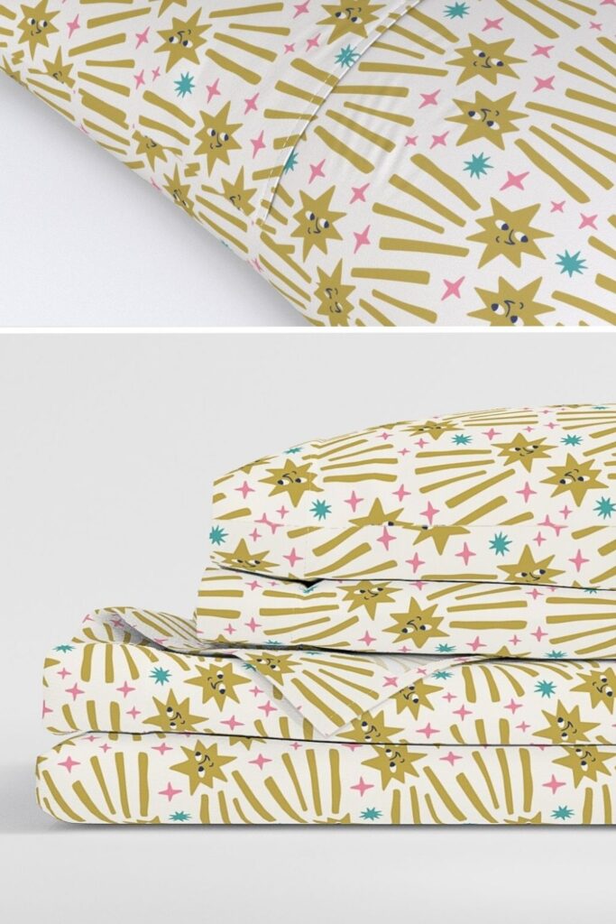 fun bedding set for kids in mustard yellow on white background, featuring smiling shooting stars with a playful style