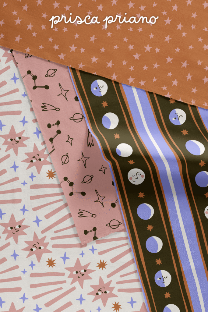 fun celestial fabrics for kids featuring quirky motifs, in a warm brown pink and lilac palette