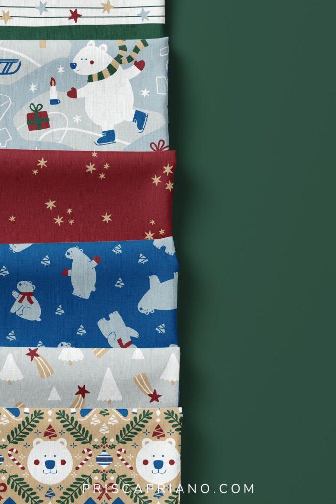 whimsical fabric collection for baby and kids, featuring cute ice skating polar bears