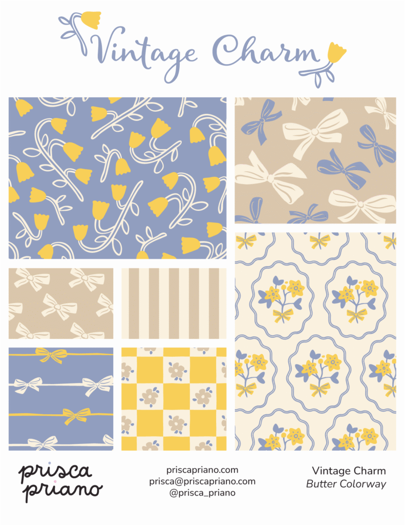 retro floral pattern collection in butter yellow palette