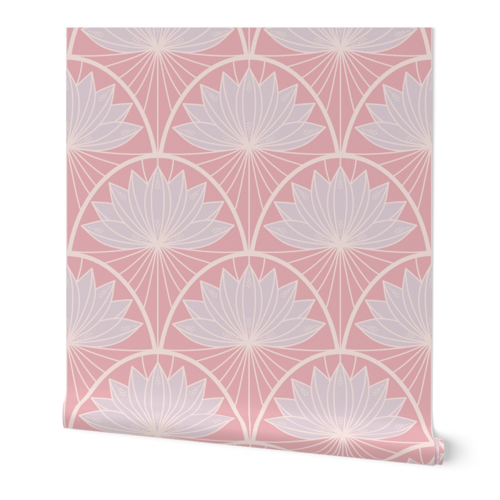a blush pink and lavender wallpaper roll with scalloped lotus motifs in art deco style