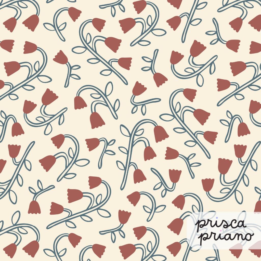 a brown floral print that features tossed hand-drawn bellflowers on cream base, ideal for vintage-inspired kids clothing and babywear
