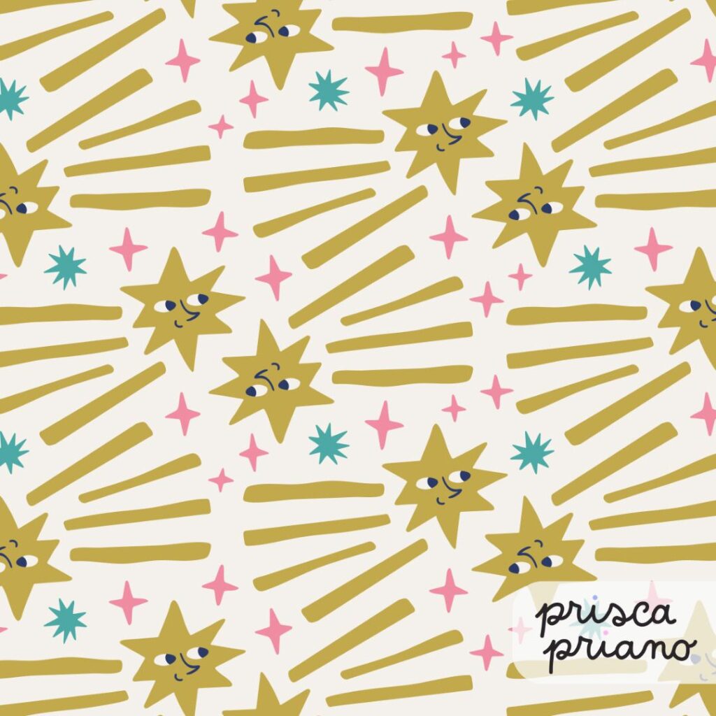 a fun celestial pattern design that features smiling shooting stars, perfect for kidswear and playful products