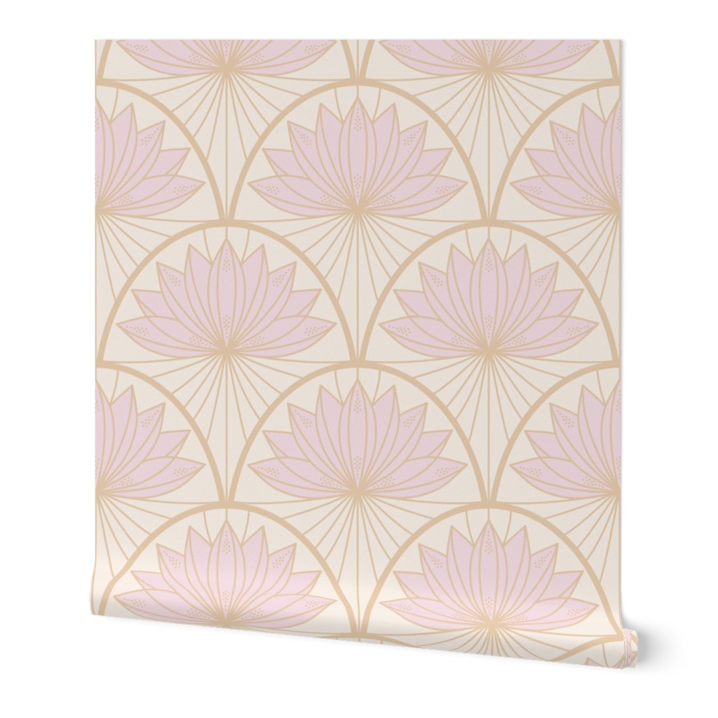 a pink art deco wallpaper roll that features dusty pink lotus motifs
