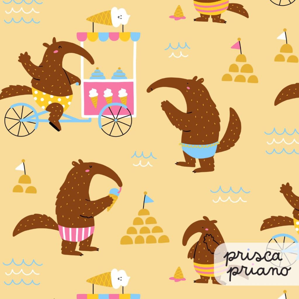 a quirky animal pattern design that features cute anteaters at the beach, perfect for kidswear and playful products
