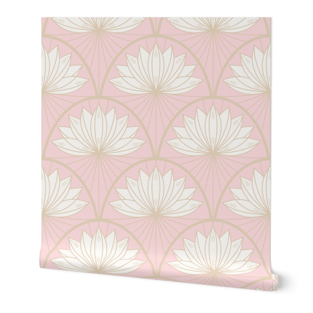 a pink and white wallpaper roll with scalloped lotus motifs in art deco style